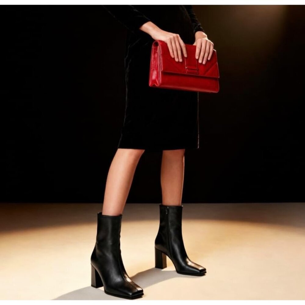 Women's Black Faux Leather Block Heel Booties - Picture 2 of 8